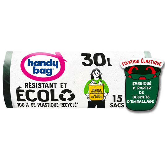 Sac Poubelle Fixation Élastique  Résistant et Ecolo  30l  X15 HANDY BAG le lot de 15 sacs poubelles