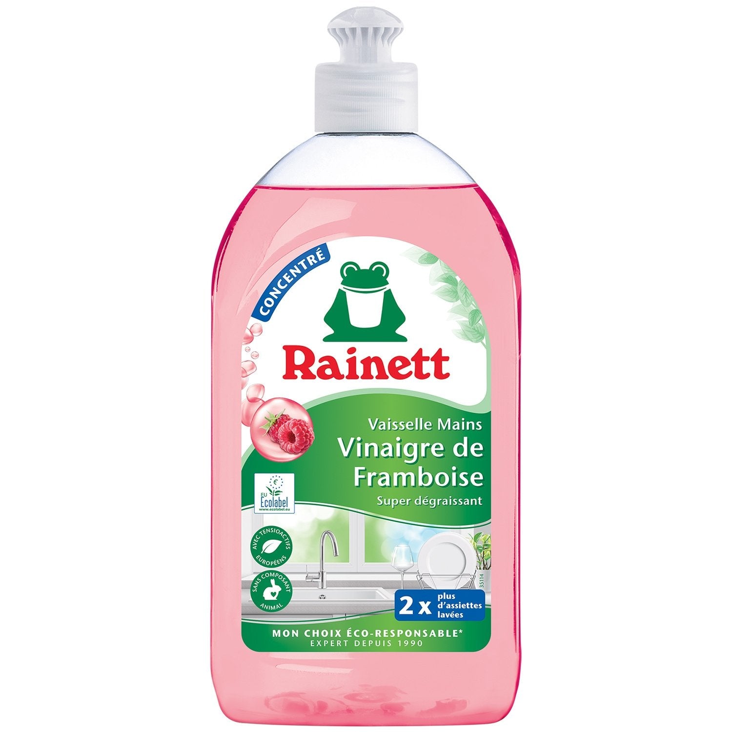 Liquide Vaisselle Vinaigre de Framboise Super Dégraissant Écologique RAINETT le flacon de 500mL