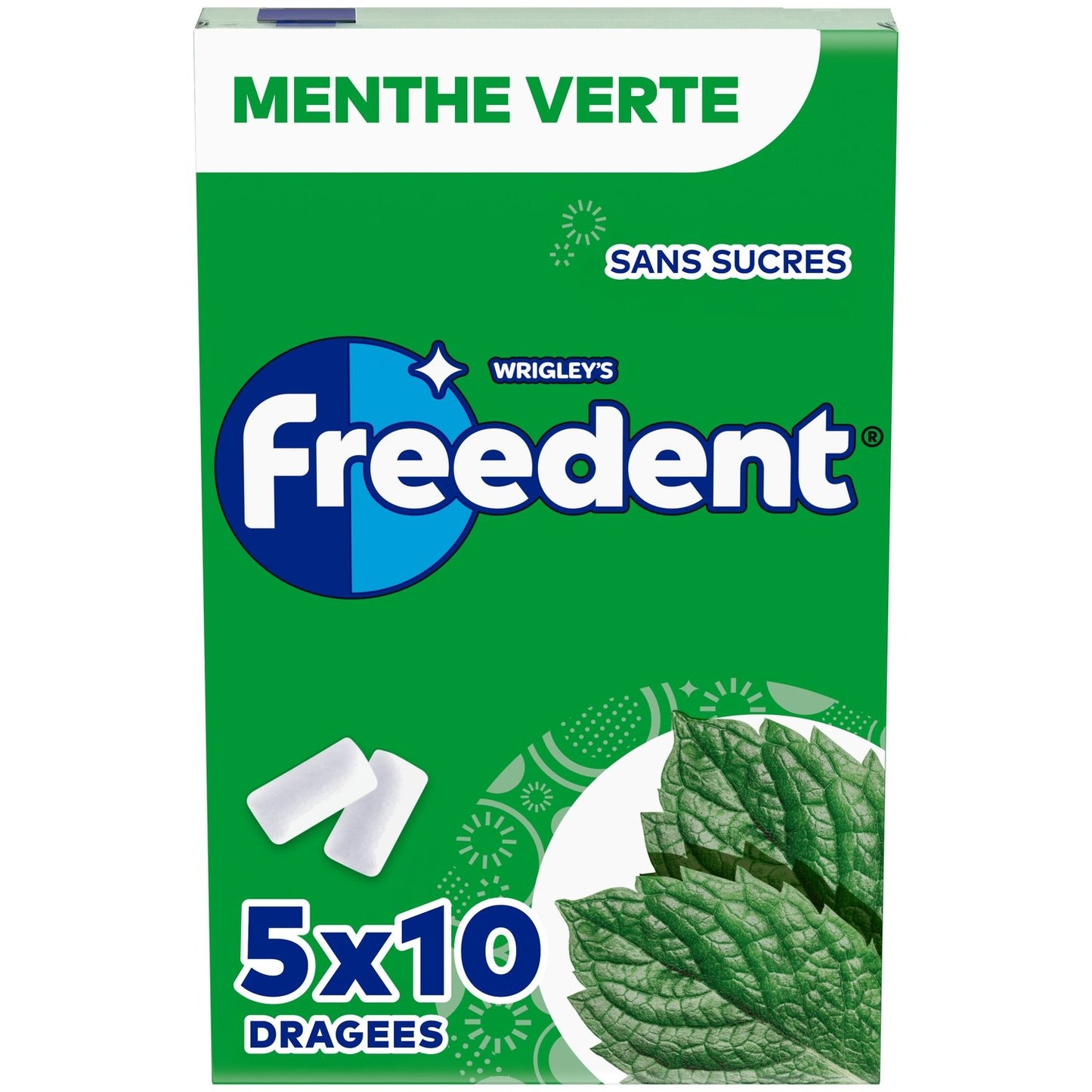 Chewing-Gum Menthe Verte Sans Sucres FREEDENT les 5 paquets de 10 dragées
