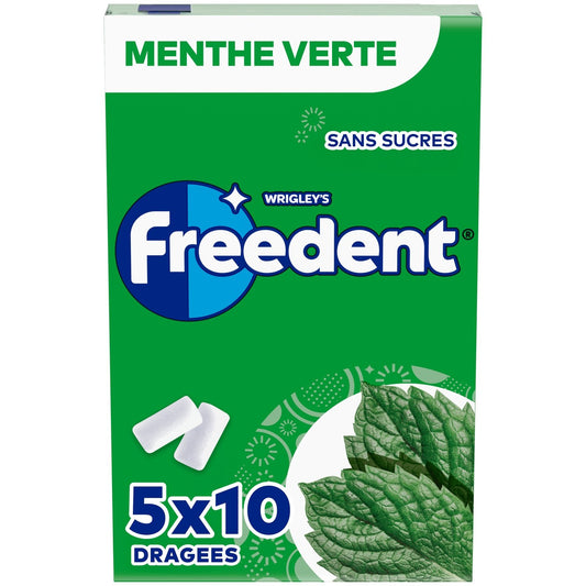 Chewing-Gum Menthe Verte Sans Sucres FREEDENT les 5 paquets de 10 dragées