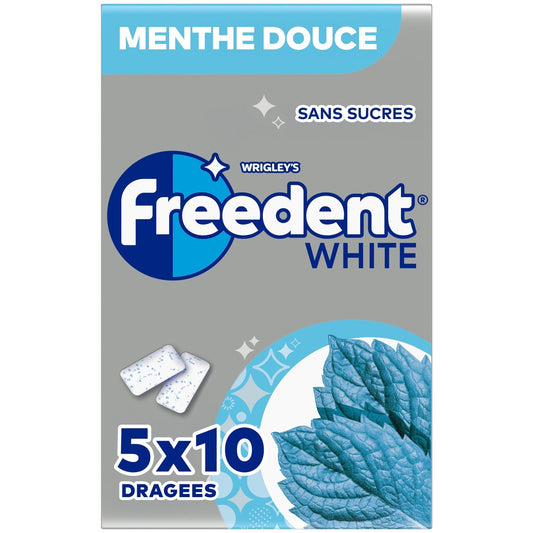 Chewing-Gum Menthe Douce Sans Sucres FREEDENT WHITE les 5 paquets de 10 dragées