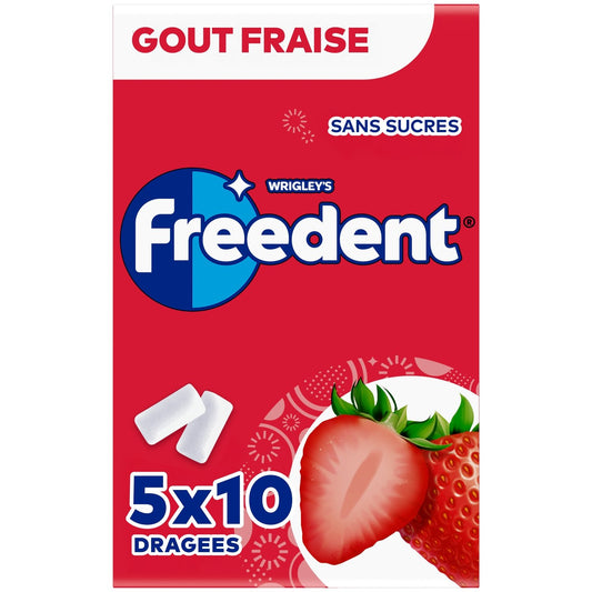 Chewing-Gum Goût Fraise Sans Sucres FREEDENT les 5 paquets de 10 dragées
