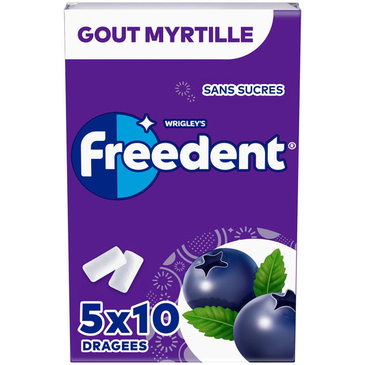 Chewing-Gum Goût Myrtille Sans Sucres FREEDENT les 5 paquets de 10 dragées
