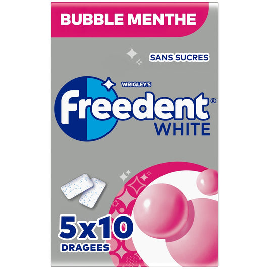 Chewing-Gum Goût Bubble Menthe Sans Sucres FREEDENT WHITE les 5 paquets de 10 dragées