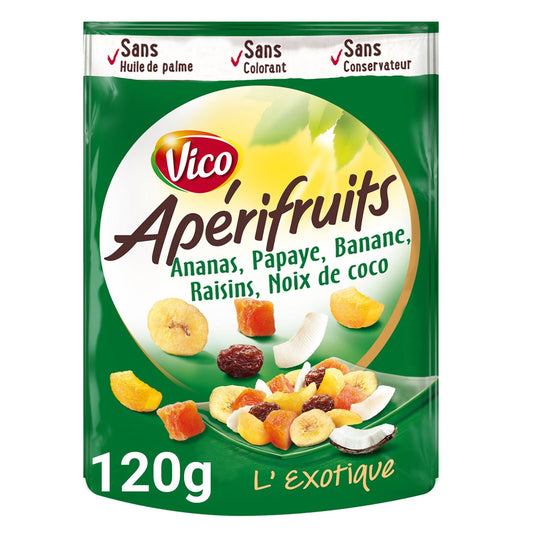 Mélange Fruits Secs l'Exotique Ananas, Raisins, Banane, Noix de Coco, Papaye APERIFRUITS VICO le paquet de 120g