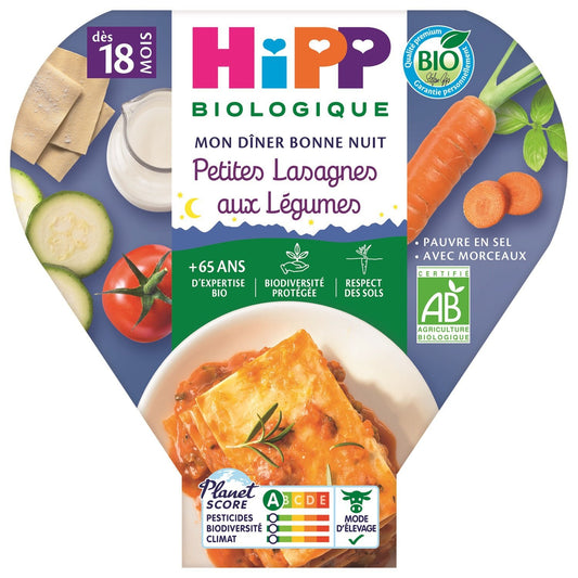 Plat Bébé du Soir Dès 18 Mois Petites Lasagnes aux Légumes Bio Mon Dîner Bonne Nuit HIPP BIOLOGIQUE l'assiette de 260g