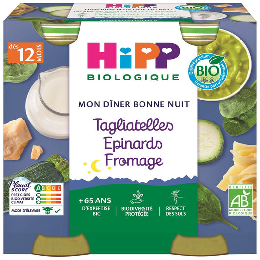 Plat Bébé du Soir Dès 12 Mois Tagliatelles Épinards Fromage Bio Mon Dîner Bonne Nuit HIPP BIOLOGIQUE les 2 pots de 250g