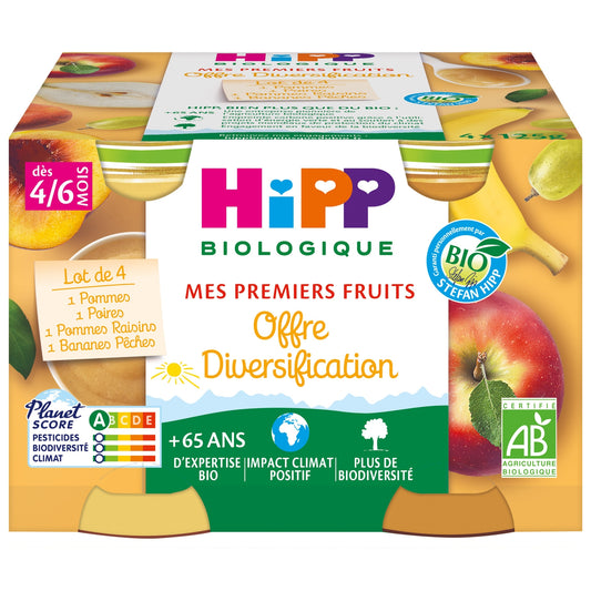 Compote Bébé Dès 4-6 Mois Offre Diversification Pomme Poire Banane Pêche Raisin Bio HIPP BIOLOGIQUE