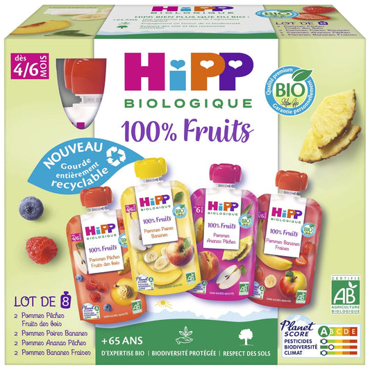 Compote Bébé Dès 4-6 Mois Gourdes Multipack 4 Variétés Bio HIPP BIOLOGIQUE les 8 gourdes de 90g