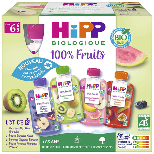 Compote Bébé Dès 6 Mois Gourdes Multipack 4 Variétés Bio HIPP BIOLOGIQUE les 8 gourdes de 90g