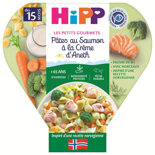 Plat Bébé Dès 15 Mois Pâtes au Saumon à la Crème d'Aneth les Petits Gourmets HIPP BIOLOGIQUE l'assiette de 250g
