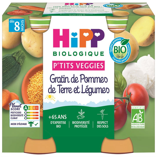 Plat Bébé Dès 8 Mois Gratin de Pommes de Terre et Légumes Bio P'tits Veggies HIPP BIOLOGIQUE les 2 pots de 190g
