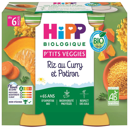 Plat Bébé Dès 6 Mois Riz au Curry et Potiron Bio P'tits Veggies HIPP BIOLOGIQUE les 2 pots de 190g