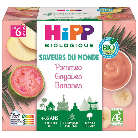 Compote Bébé Dès 6 Mois Pommes Goyaves Bananes Bio HIPP BIOLOGIQUE les 4 pots de 100g