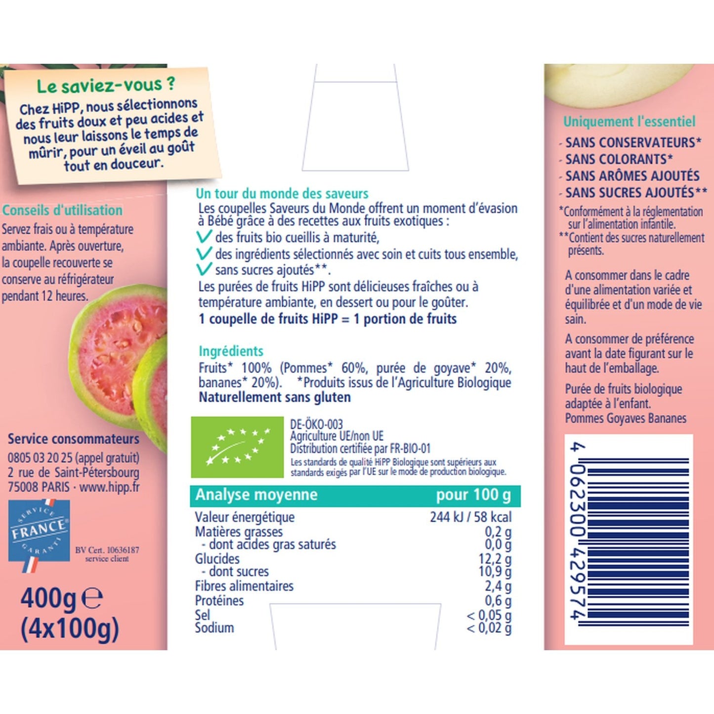 Compote Bébé Dès 6 Mois Pommes Goyaves Bananes Bio HIPP BIOLOGIQUE