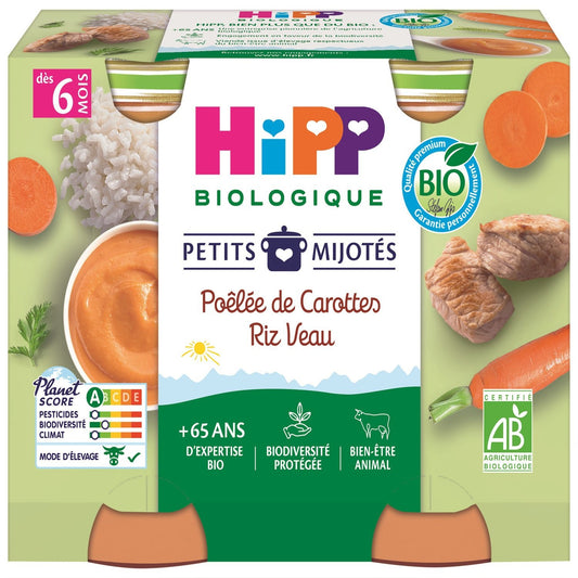 Plat Bébé Dés 6 Mois Poêlée de Carottes Riz Veau Bio Petits Mijotés HIPP HIPP BIOLOGIQUE les 2 pots - 380g