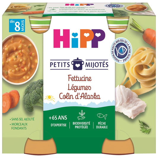 Plat Bébé Dés 8 Mois Fettucine Légumes Colin d'Alaska Bio Petits Mijotés HIPP BIOLOGIQUE les 2 pots - 380g