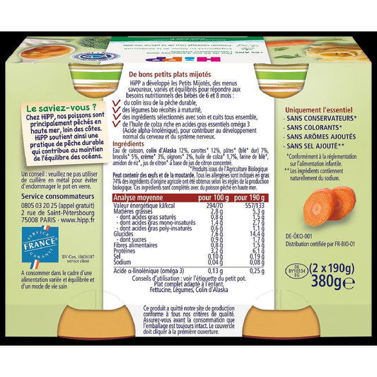 Plat Bébé Dés 8 Mois Fettucine Légumes Colin d'Alaska Bio Petits Mijotés HIPP BIOLOGIQUE
