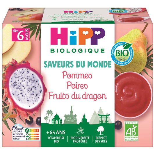 Compotes Bébé Pomme Poire Fruits du Dragon Dés 6 Mois Bio HIPP BIOLOGIQUE la boite de 400g