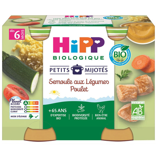 Plat Bébé Dès 6 Mois Semoule Légumes Poulet Bio Petits Mijotés HIPP BIOLOGIQUE les 2 pots de 190g