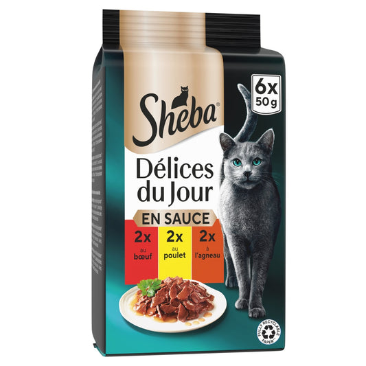 Pâtée pour Chat Adulte en Sauce Poulet Boeuf Agneau Délices du Jour SHEBA les 6 sachets fraîcheur