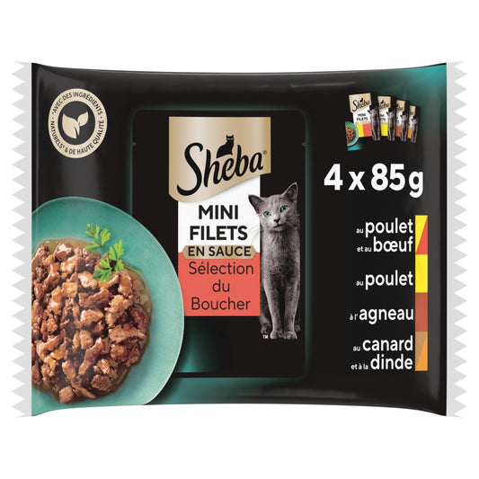 Pâtée pour Chat Adulte Mini Filets en Sauce au Poulet, au Bœuf, à l'Agneau, au Canard & Dinde SHEBA