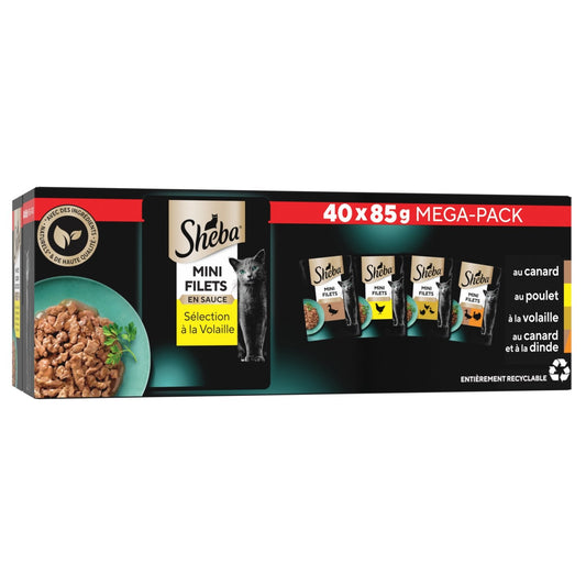 Pâtée pour Chat Adulte Mini Filets en Sauce Volaille Canard Poulet Dinde Boeuf SHEBA la boîte de 40 sachets fraîcheur