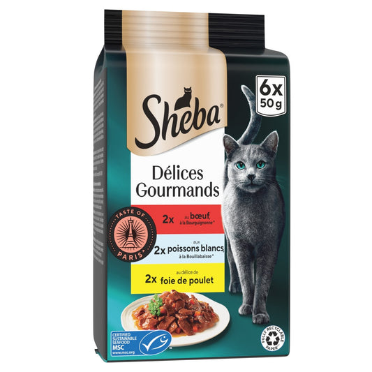 Pâtée pour Chat Adulte en Sauce Boeuf Poisson SHEBA les 6 sachets fraîcheur