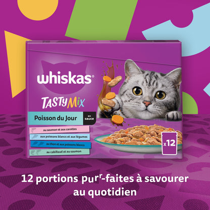 Pâtée pour Chat Adulte en Sauce Saumon Carotte Poisson Blanc Légume Thon Poisson Blanc Cabillaud Saumon Tasty Mix WHISKAS