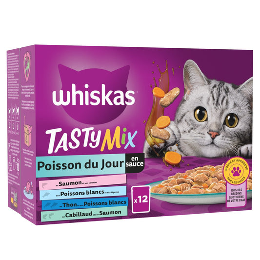 Pâtée pour Chat Adulte en Sauce Saumon Carotte Poisson Blanc Légume Thon Poisson Blanc Cabillaud Saumon Tasty Mix WHISKAS la boîte de 12 sachets fraîcheur