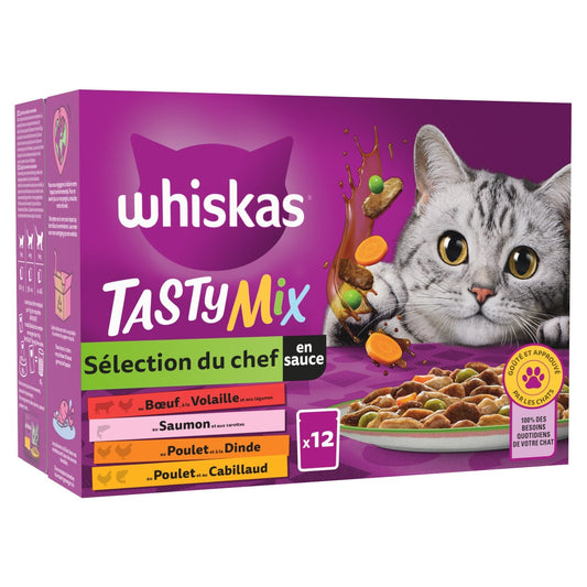 Pâtée pour Chat Adulte en Sauce Boeuf Volaille Saumon Poulet Dinde Cabillaud Tasty Mix Sélection du Chef WHISKAS la boîte de 12 sachets fraîcheur