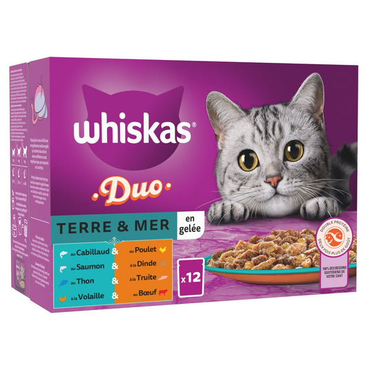 Pâtée pour Chat Adulte en Gelée Cabillaud Poulet Saumon Dinde Thon Truite Duo Terre Mer WHISKAS la boîte de 12 sachets fraîcheur