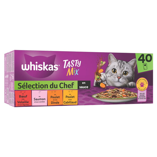 Pâtée pour Chat Adulte en Sauce Boeuf Volaille Saumon Poulet Dinde Cabillaud Tasty Mix Sélection Chef WHISKAS
