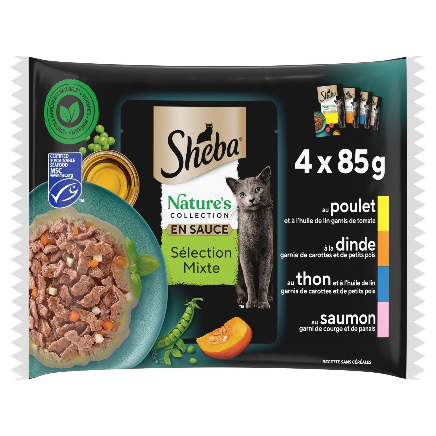 Pâtée pour Chat Adulte en Sauce Poulet Dinde Thon Saumon Nature Collection SHEBA les 4 sachets fraîcheur