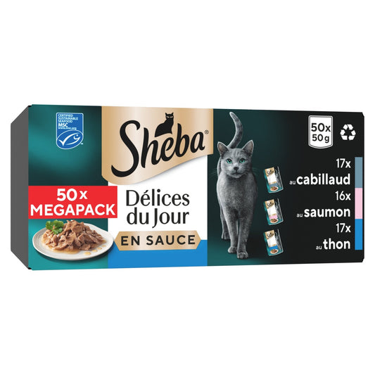 Pâtée pour Chat Adulte Délice du Jour Sauce au Cabillaud Msc en Saumon Msc et au Thon MSC SHEBA la boite de 2,5Kg
