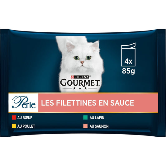 Pâtée pour Chat Adulte Mini Filets en Sauce Boeuf Poulet Lapin Saumon Perle GOURMET Les 4 sachets de 85g