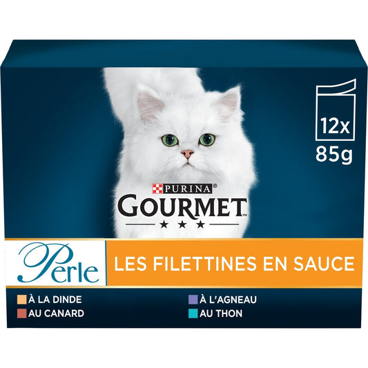 Pâtée pour Chat Adulte Mini Filets en Sauce Dinde Canard Agneau Thon Perle GOURMET Les 12 sachets de 85g