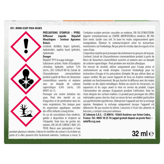 Anti-Moustiques Diffuseur et Recharge Liquide Senteur Agrumes Boisés PYREL