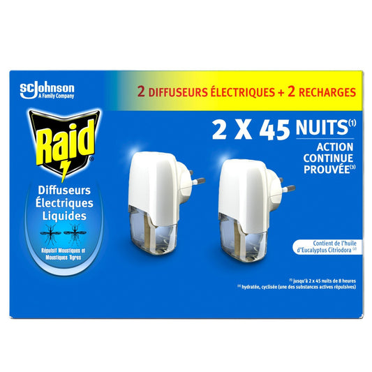 Anti-Moustiques Diffuseur et Recharge Électrique Liquide Sans Parfum Action Continue Max RAID le lot de 2 diffuseurs