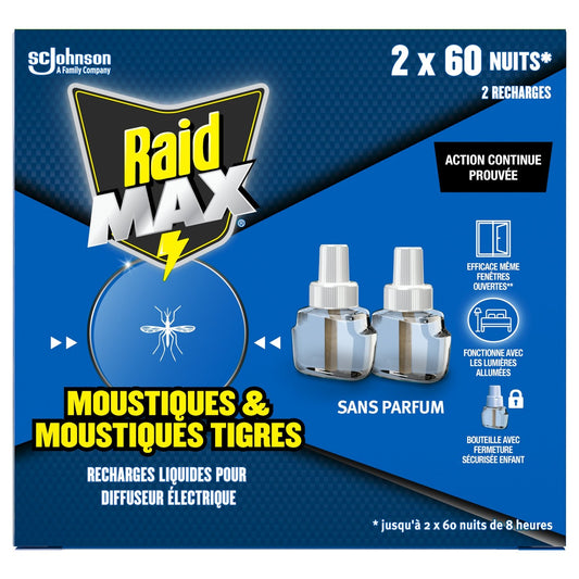 Anti-Moustiques Répulsif Recharge Électrique Liquide Sans Parfum Action Continue Max RAID le lot de 2 recharges