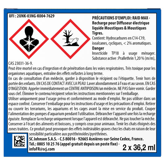Anti-Moustiques Répulsif Recharge Électrique Liquide Sans Parfum Action Continue Max RAID