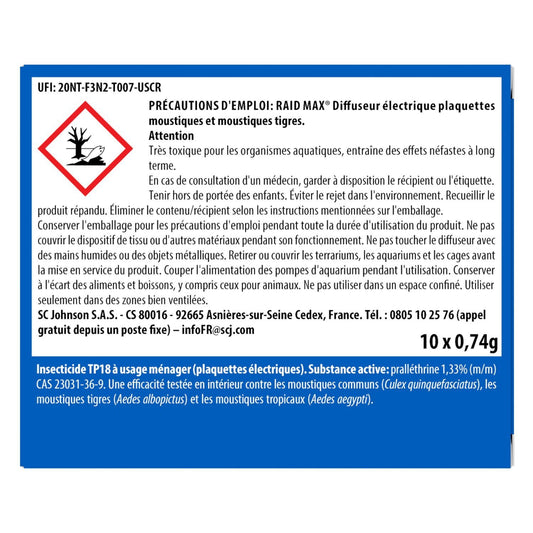 Anti-Mosquito Electric Diffuser Mosquito and Tiger Mosquito Tablets No Added Fragrance RAID