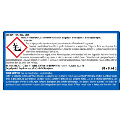 Anti-Moustiques Recharges Plaquettes Sans Parfum Moustiques et Moustiques Tigres Max RAID