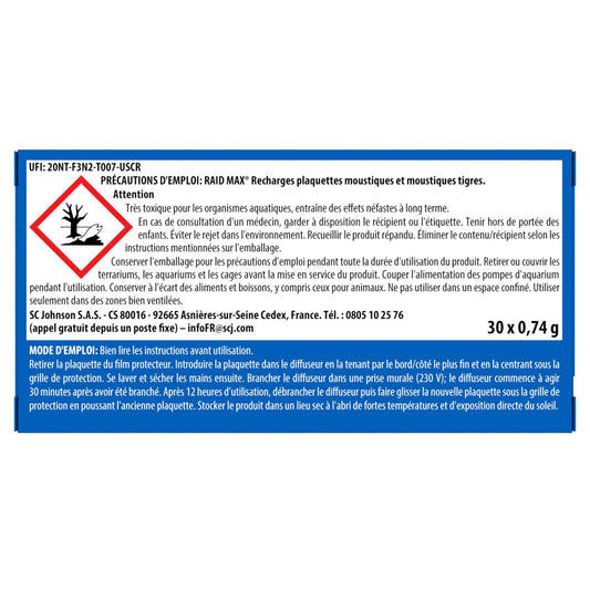 Anti-Moustiques Recharges Plaquettes Sans Parfum Moustiques et Moustiques Tigres Max RAID