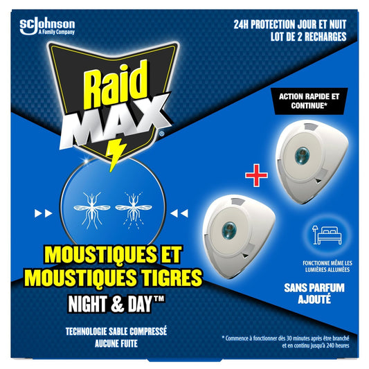 Anti-Moustiques Recharges Moustiques et Moustiques Tigres Sans Parfum Night & Day RAID le paquet de 2 recharges 54mL