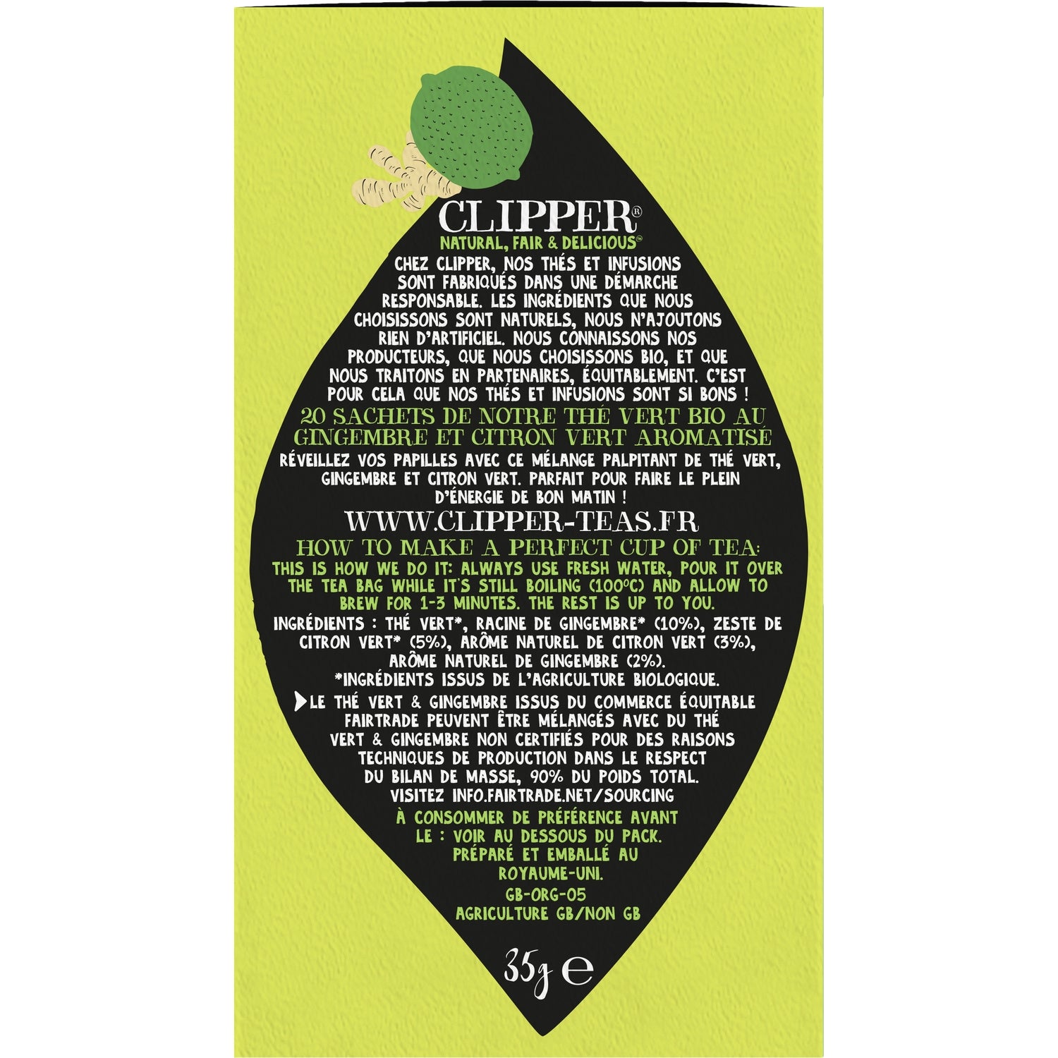 Thé Vert citron gingembre Bio CLIPPER 