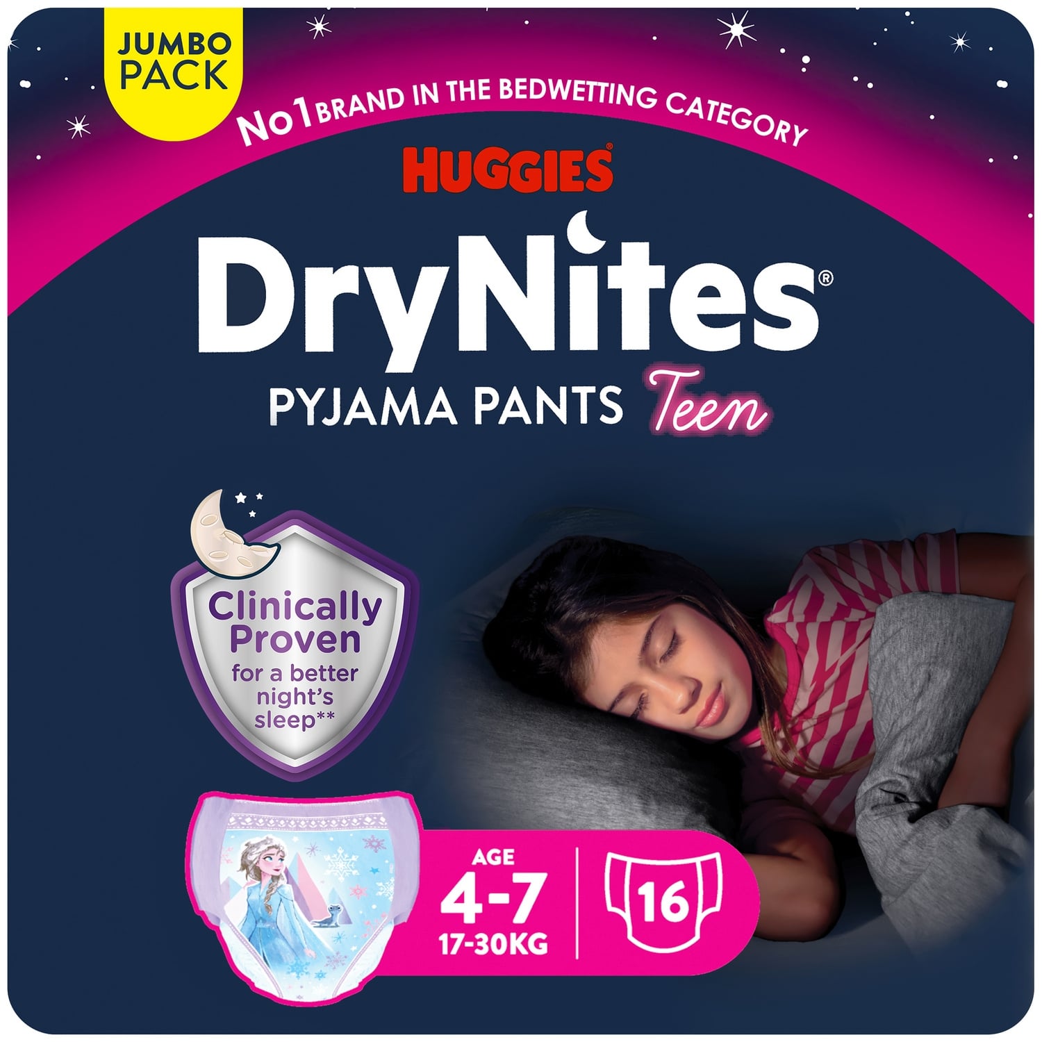 Sous-vêtements de nuit 4-7ans 17-30kg Fille Jumbo Pack DryNites HUGGIES 
