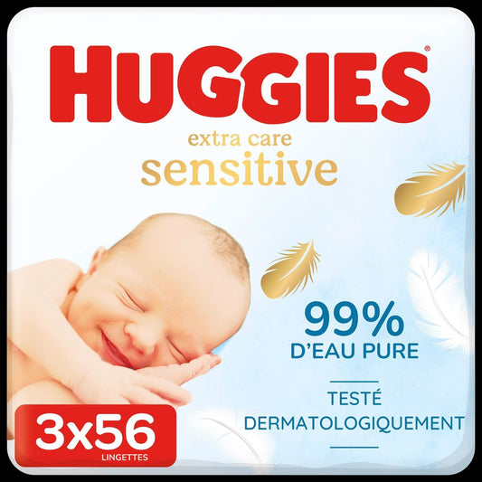 Lingettes Bébé Nettoyantes Corps Peaux Sensibles 99% d'Eau Pure HUGGIES le lot de 3 sachets de 56 lingettes