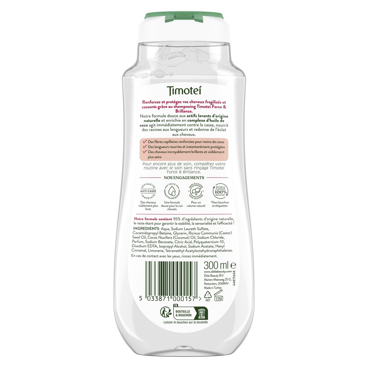 Shampoing Force Et Brillance pour Cheveux fragiles et cassants Huile de coco TIMOTEI 