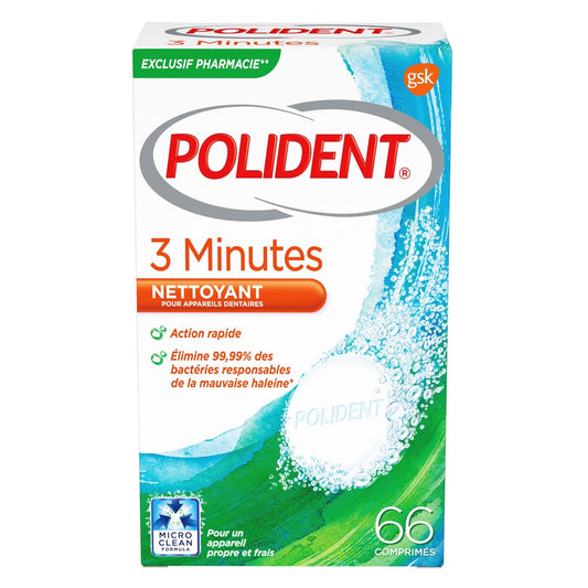 Comprimés Nettoyant Prothèses Dentaires 3 Minutes Anti-Bactérien POLIDENT la boîte de 66 comprimés